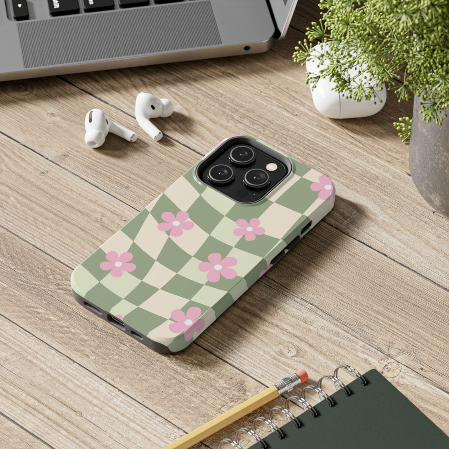 Tough Phone Case — Retro Green Checkerboard with Pink Flowers