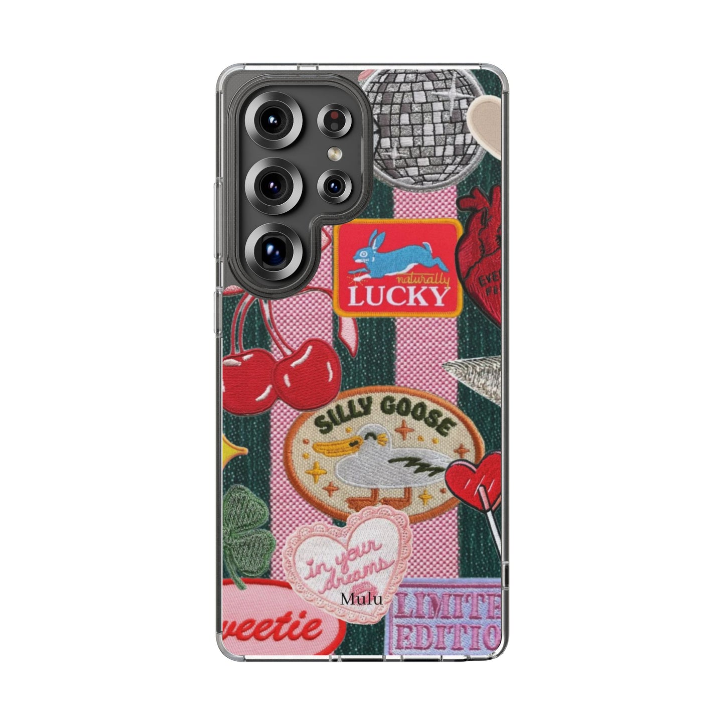 Clear Impact-Resistant Phone Case — Retro Patchwork Stickers (Lucky, Cherries, Silly Goose)