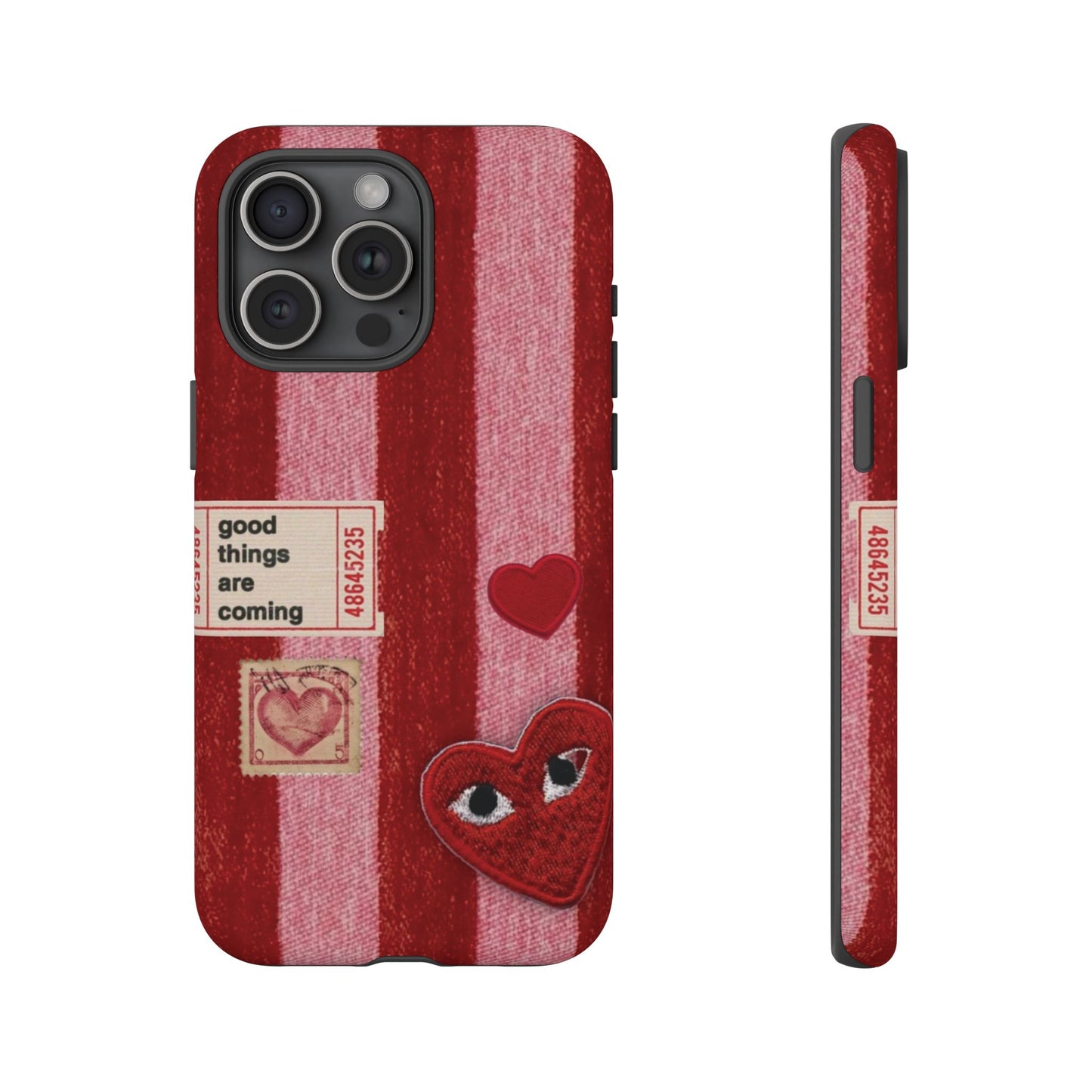 Phone Case — Red Striped Heart Design with “Good Things Are Coming”