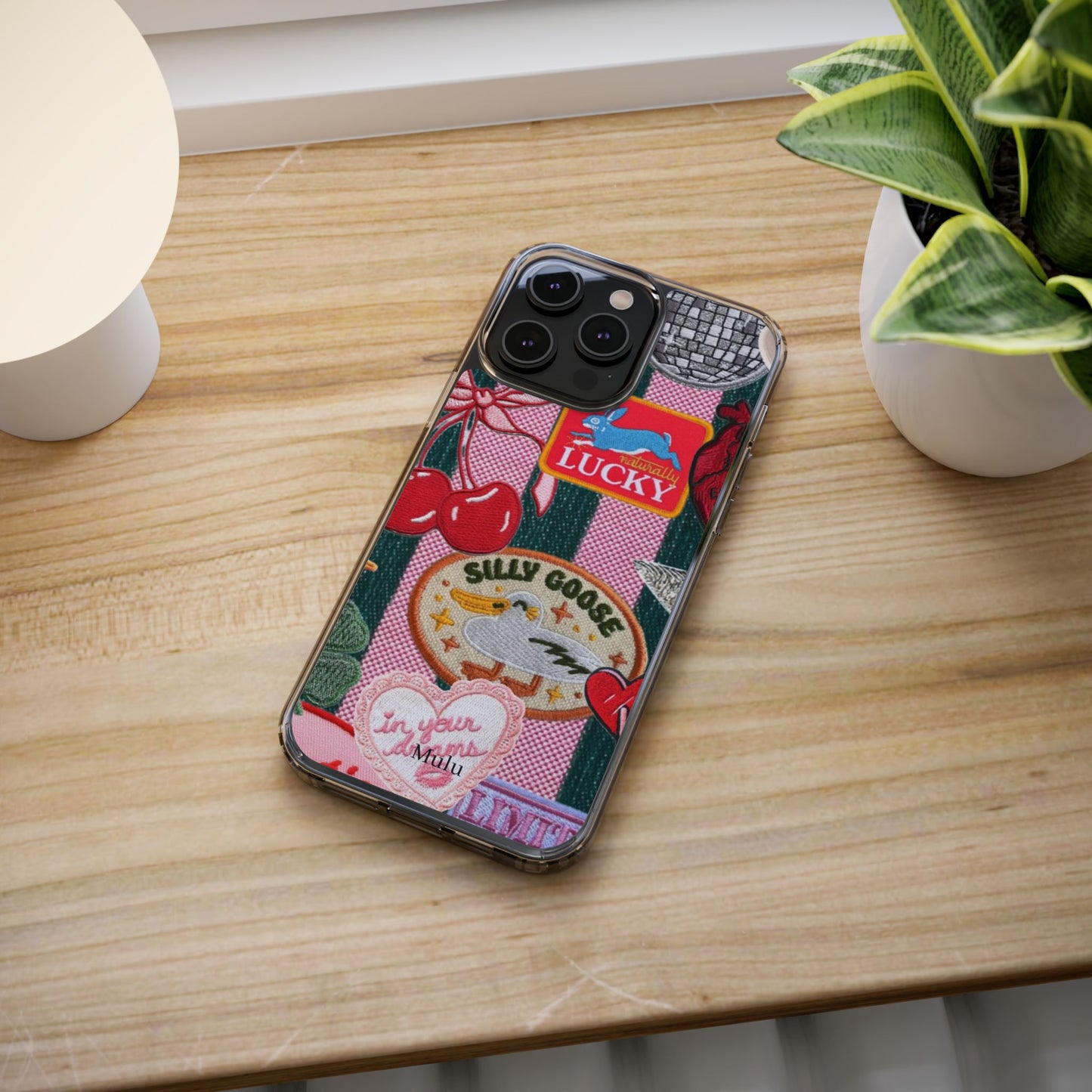 Clear Impact-Resistant Phone Case — Retro Patchwork Stickers (Lucky, Cherries, Silly Goose)