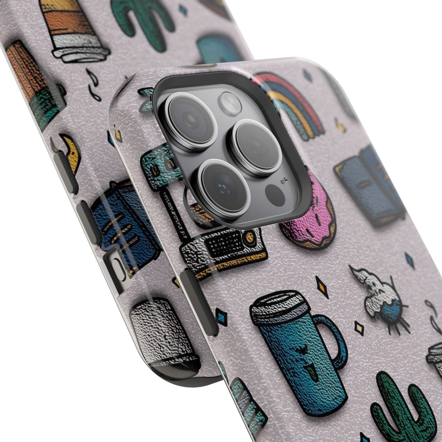 Cute Doodle Phone Case — Magnetic Impact-Resistant Design (coffee, rainbow, cactus)