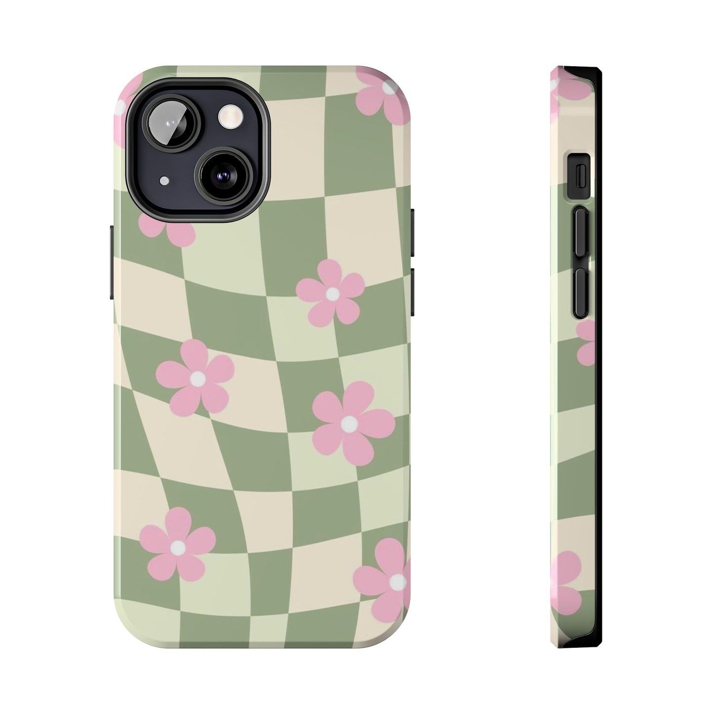 Tough Phone Case — Retro Green Checkerboard with Pink Flowers
