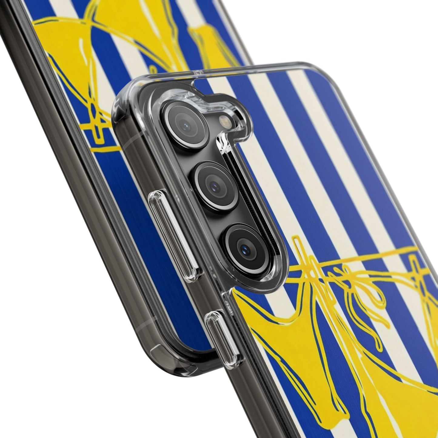 Striped Beach Bikini Phone Case — Yellow Swimwear on Blue & White Stripes, Clear Impact-Resistant