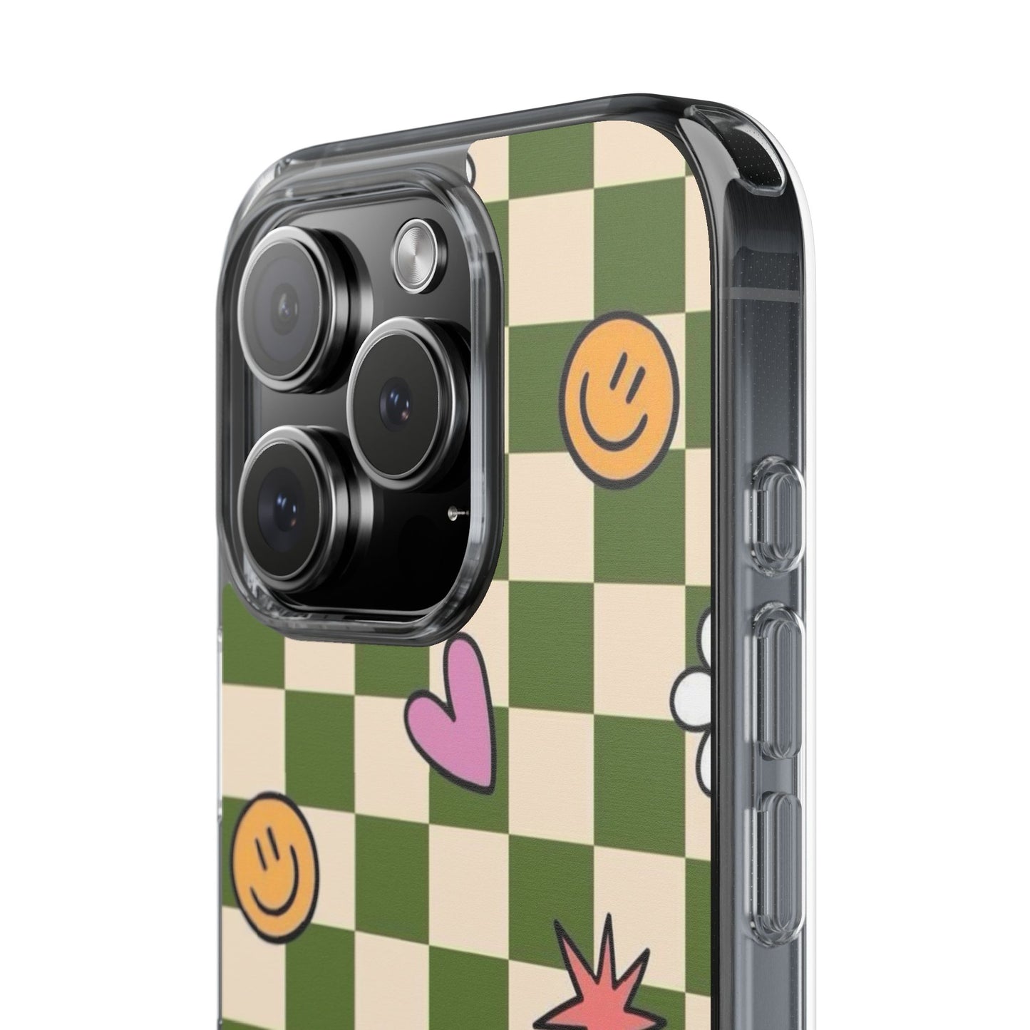 Clear Impact-Resistant Case — Retro Green Checkerboard with Smiley, Hearts & Flowers