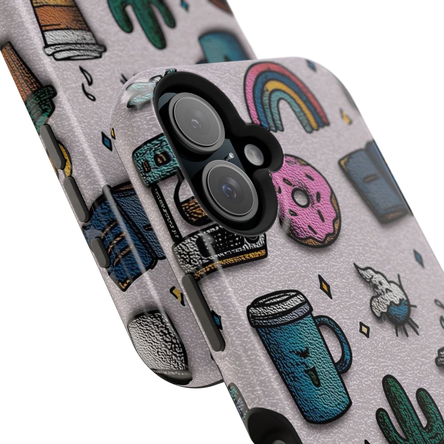 Cute Doodle Phone Case — Magnetic Impact-Resistant Design (coffee, rainbow, cactus)
