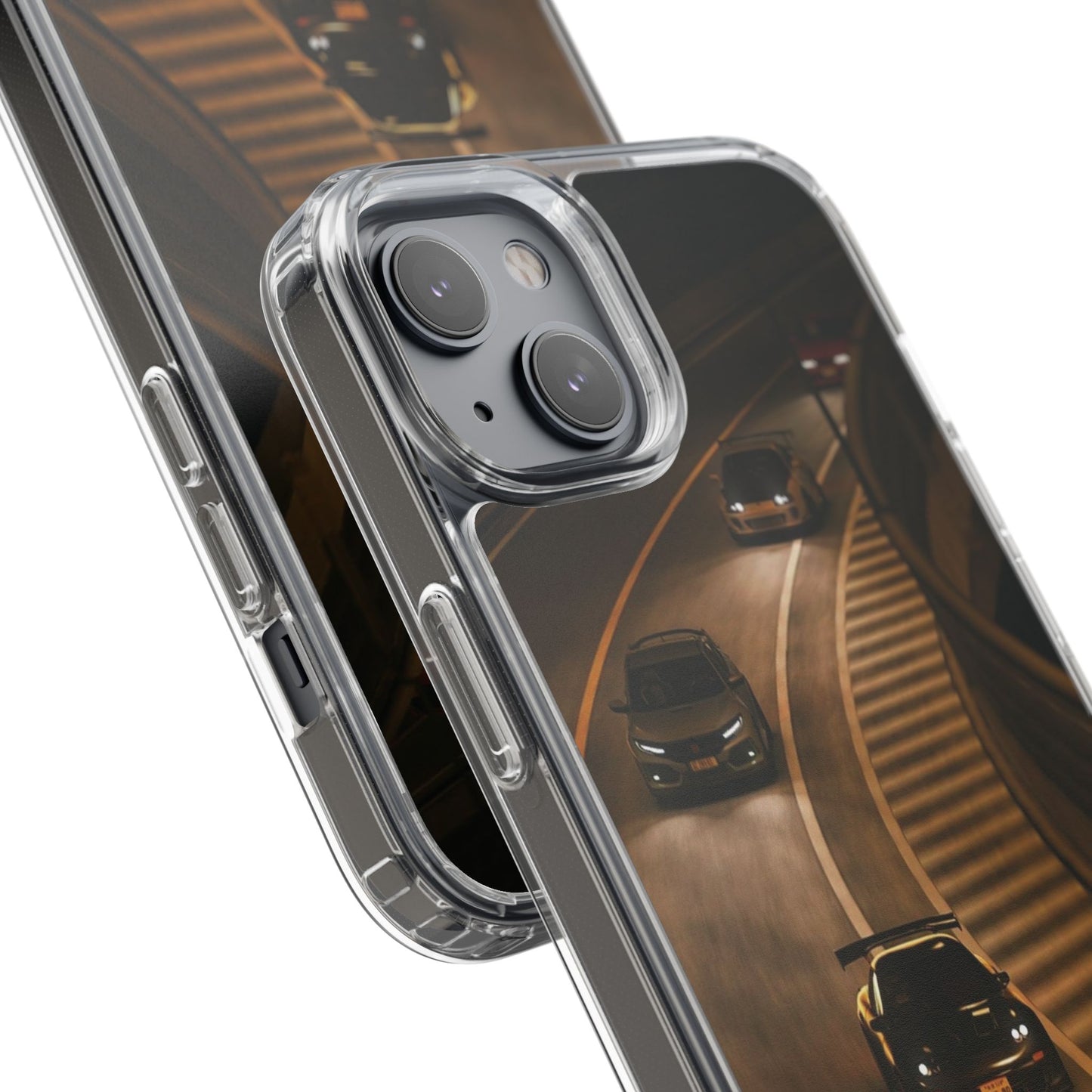Racing Night Clear Phone Case – Sports Cars on Curved Highway