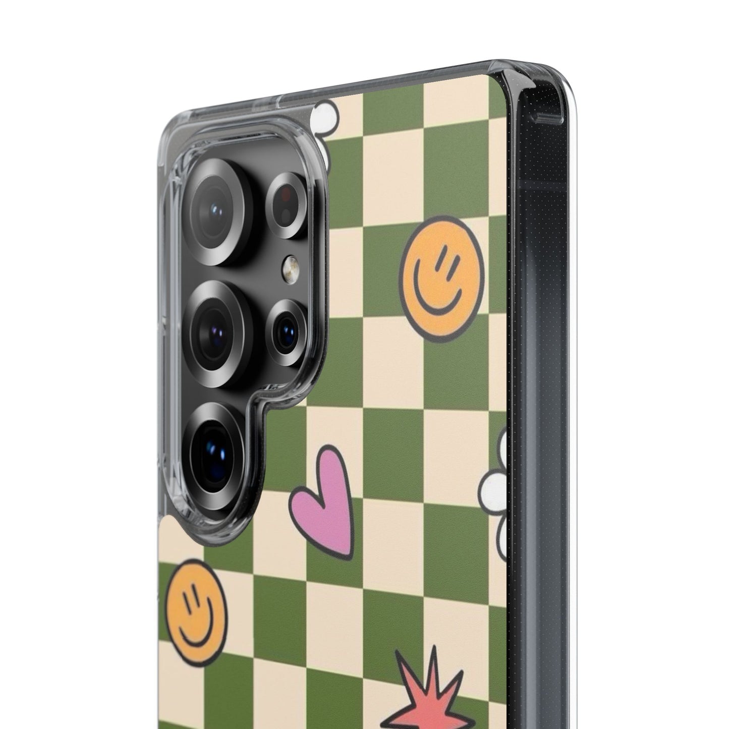 Clear Impact-Resistant Case — Retro Green Checkerboard with Smiley, Hearts & Flowers