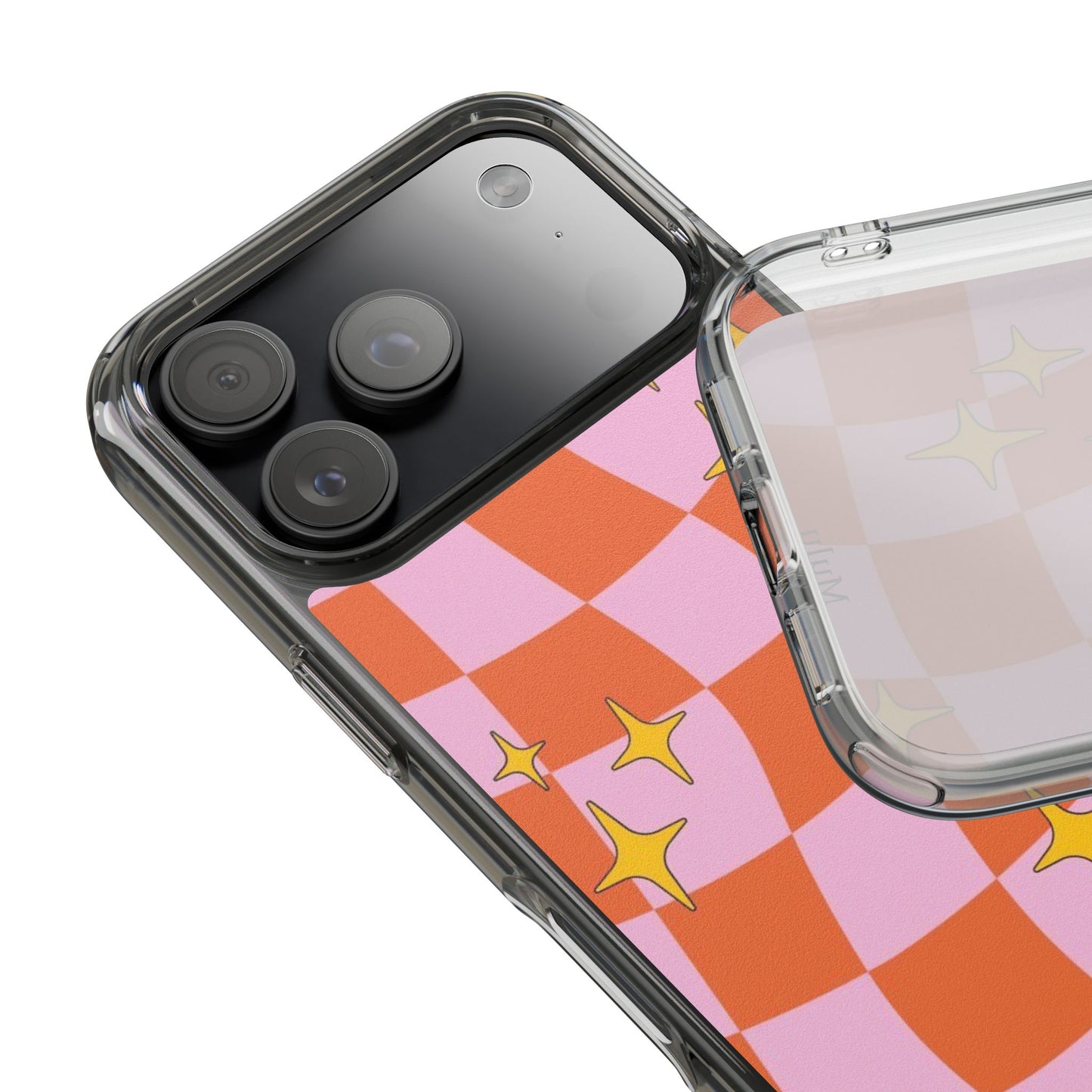Clear Impact-Resistant Case — Retro Pink & Orange Checker with Sparkle Stars