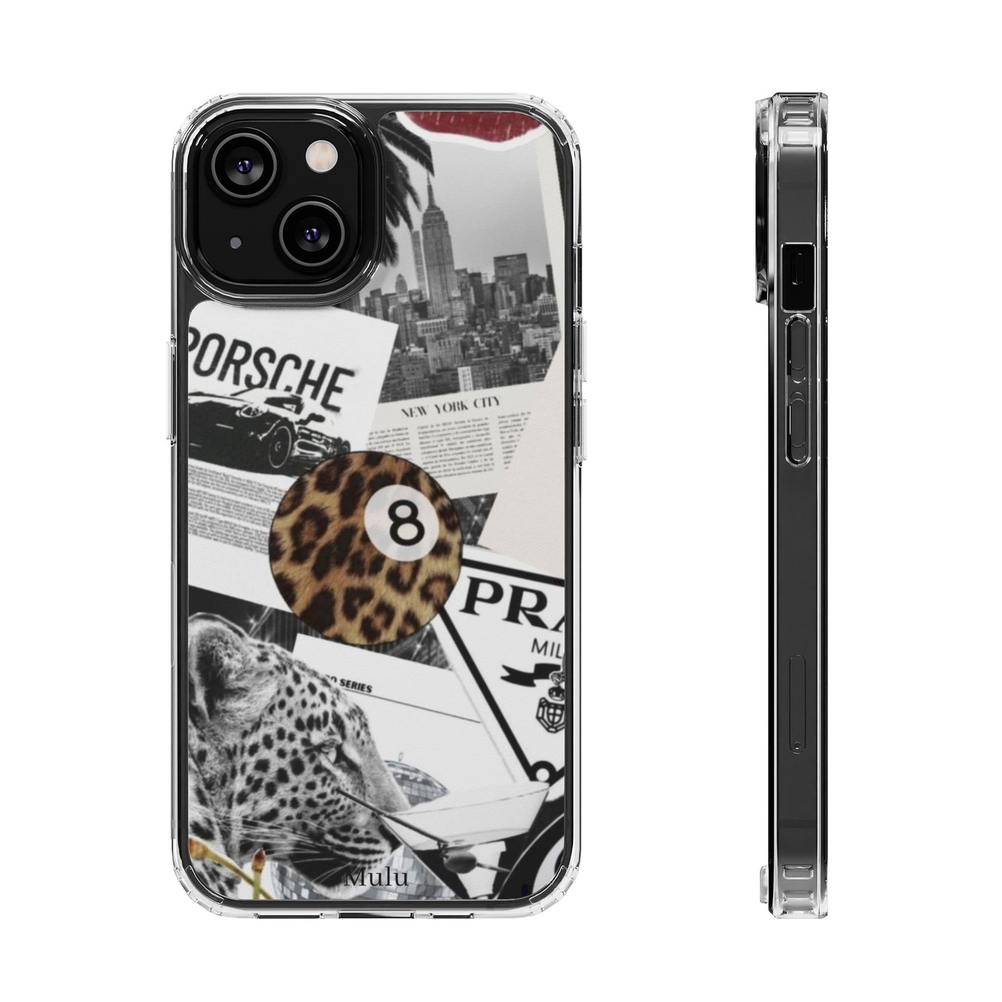 Clear Impact-Resistant Phone Case — Collage Luxury Leopard & Vintage Car Design