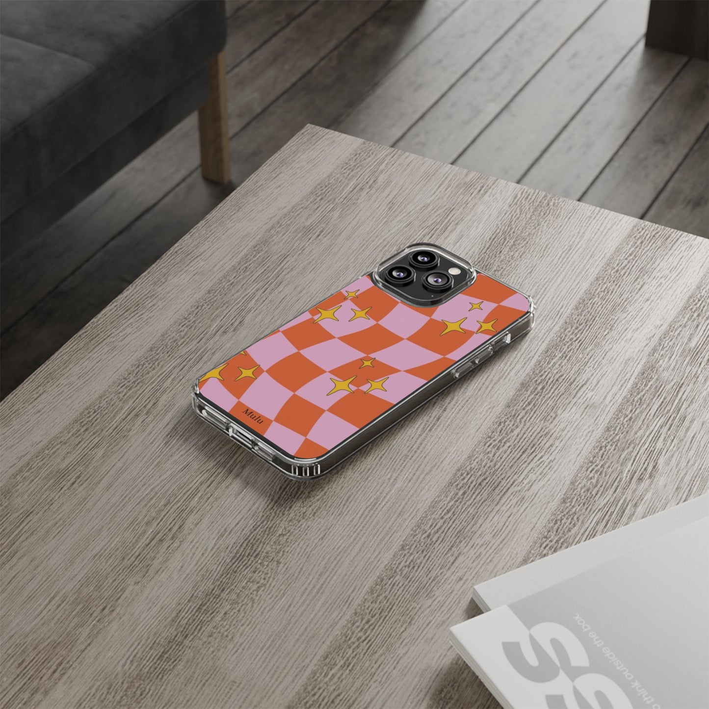 Clear Impact-Resistant Case — Retro Pink & Orange Checker with Sparkle Stars