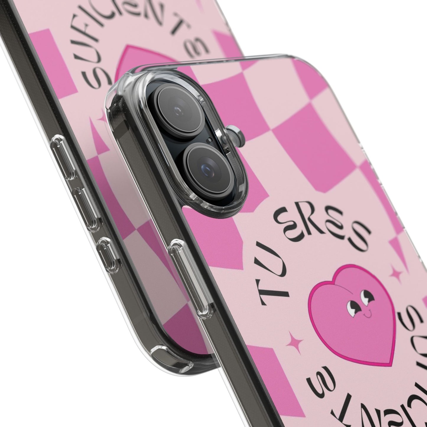 Clear Impact-Resistant Phone Case — Pink Checkerheart “Tu Eres Suficiente” Design