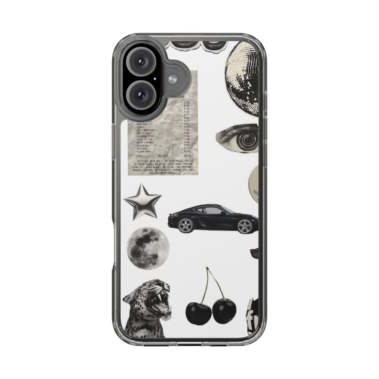 Clear Phone Case — Vintage Collage Stickers (Moon, Eye, Car, Cherries)