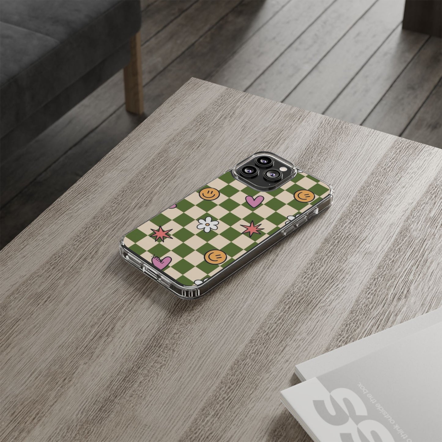Clear Impact-Resistant Case — Retro Green Checkerboard with Smiley, Hearts & Flowers