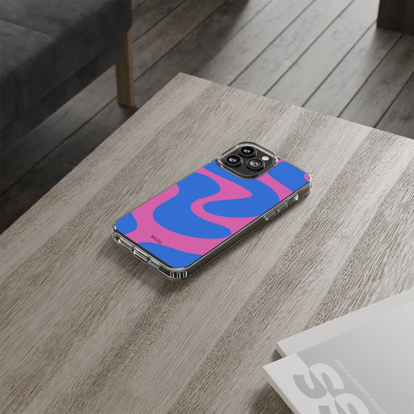 Clear Impact-Resistant Phone Case — Retro Blue & Pink Abstract Swirl