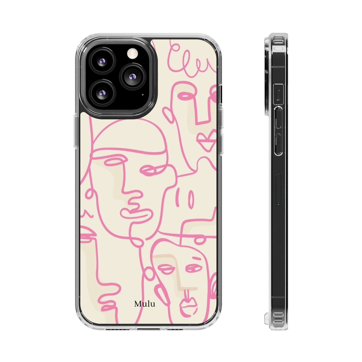 Clear Impact-Resistant Phone Case — Pink Minimalist Line Faces Design