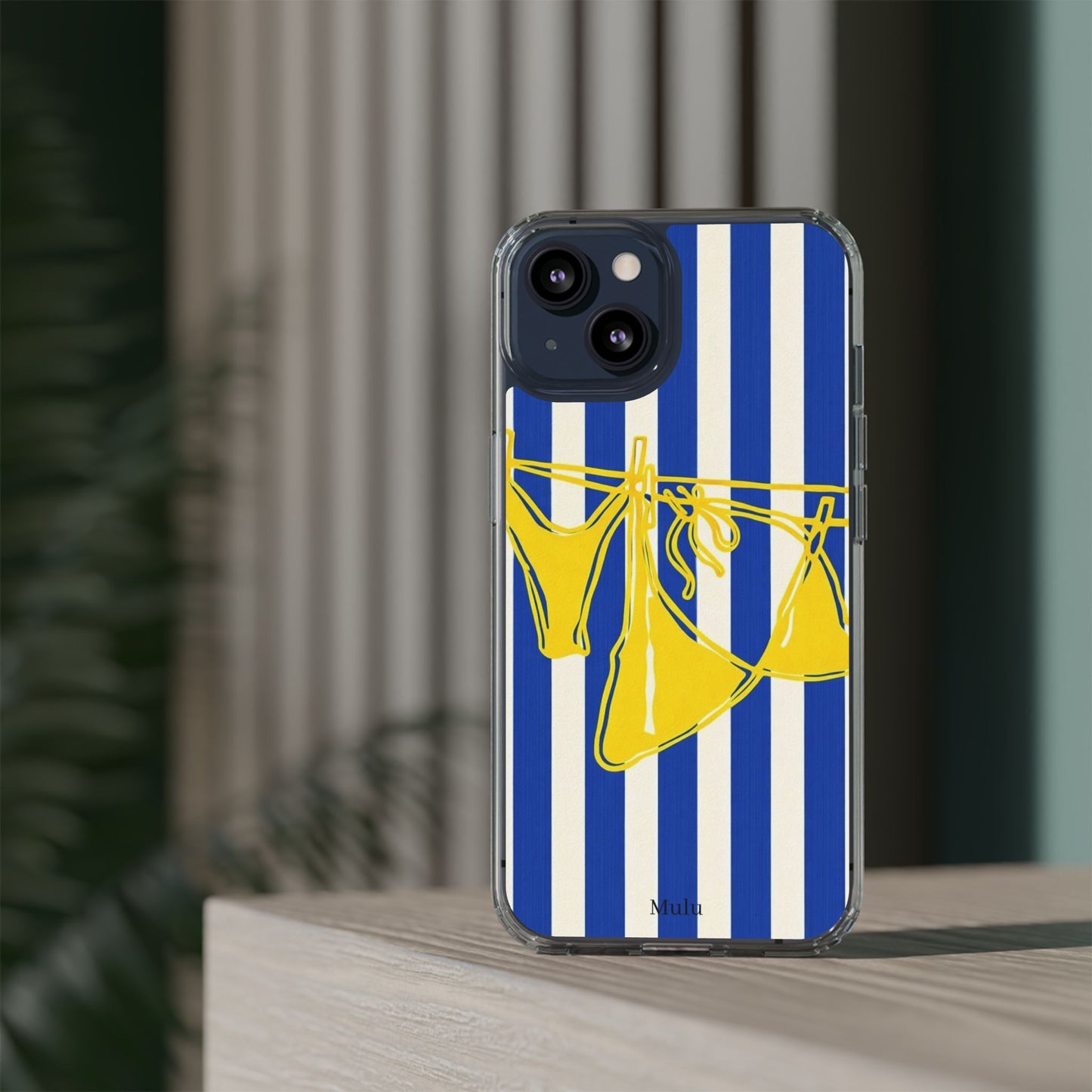 Striped Beach Bikini Phone Case — Yellow Swimwear on Blue & White Stripes, Clear Impact-Resistant