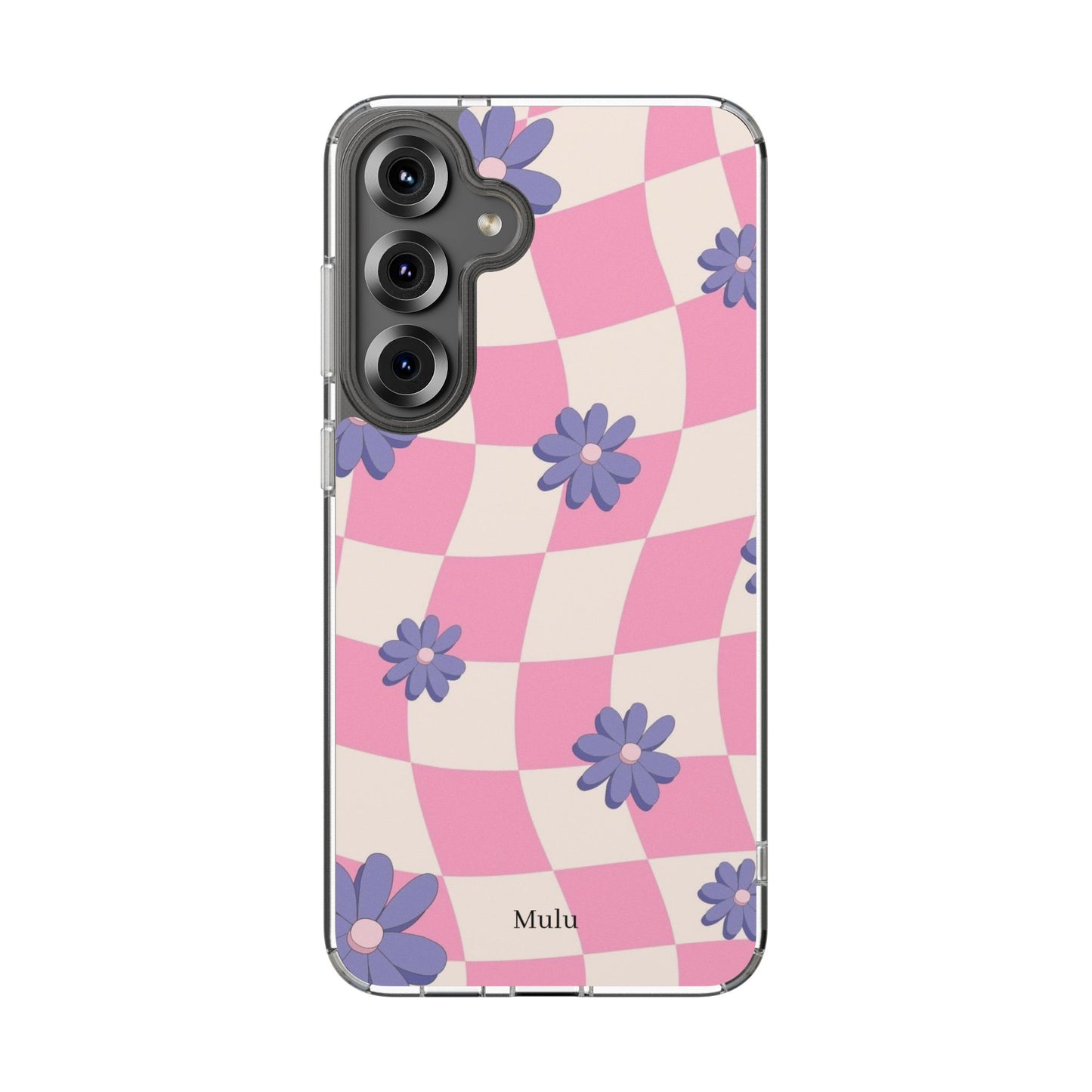Clear Impact Phone Case — Pink Checkerboard with Purple Flowers