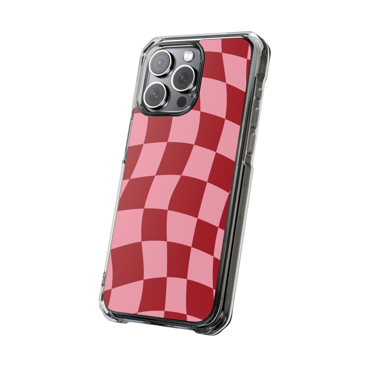Clear Magnetic Phone Case — Red & Pink Wavy Check Pattern