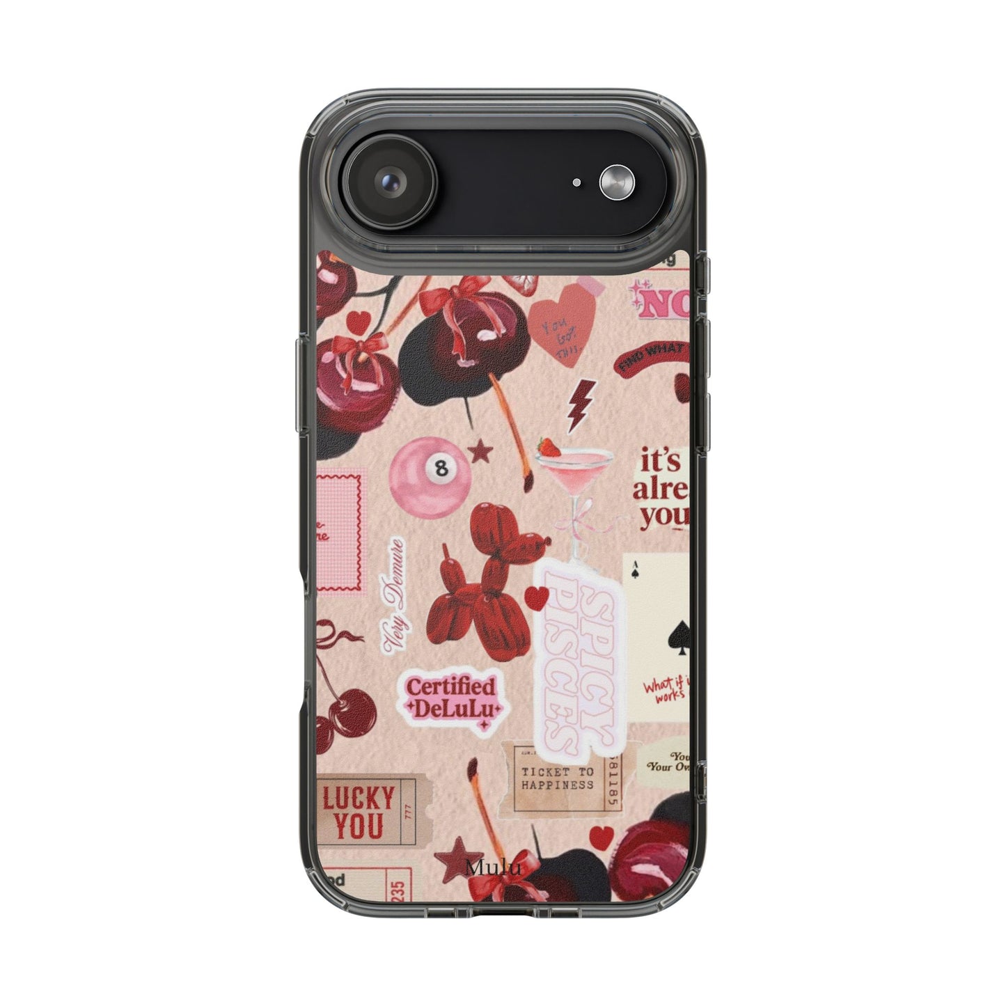 Clear Impact-Resistant Phone Case — Retro Cherry & Sticker Collage