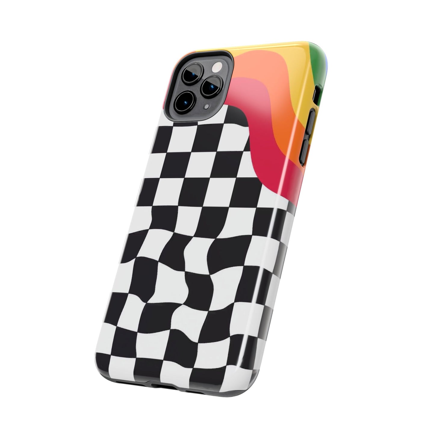 Retro Wavy Checkerboard Tough Phone Case — Rainbow Surf Skate Design