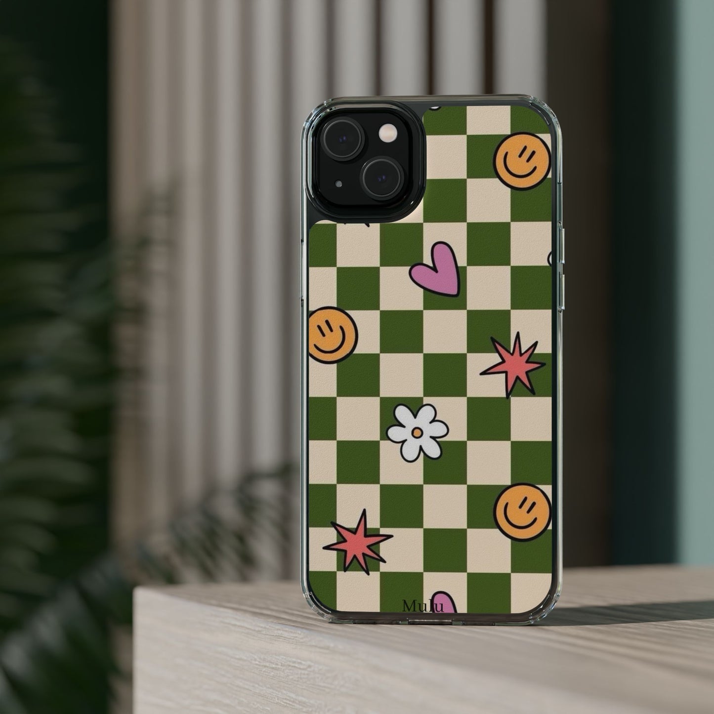 Clear Impact-Resistant Case — Retro Green Checkerboard with Smiley, Hearts & Flowers