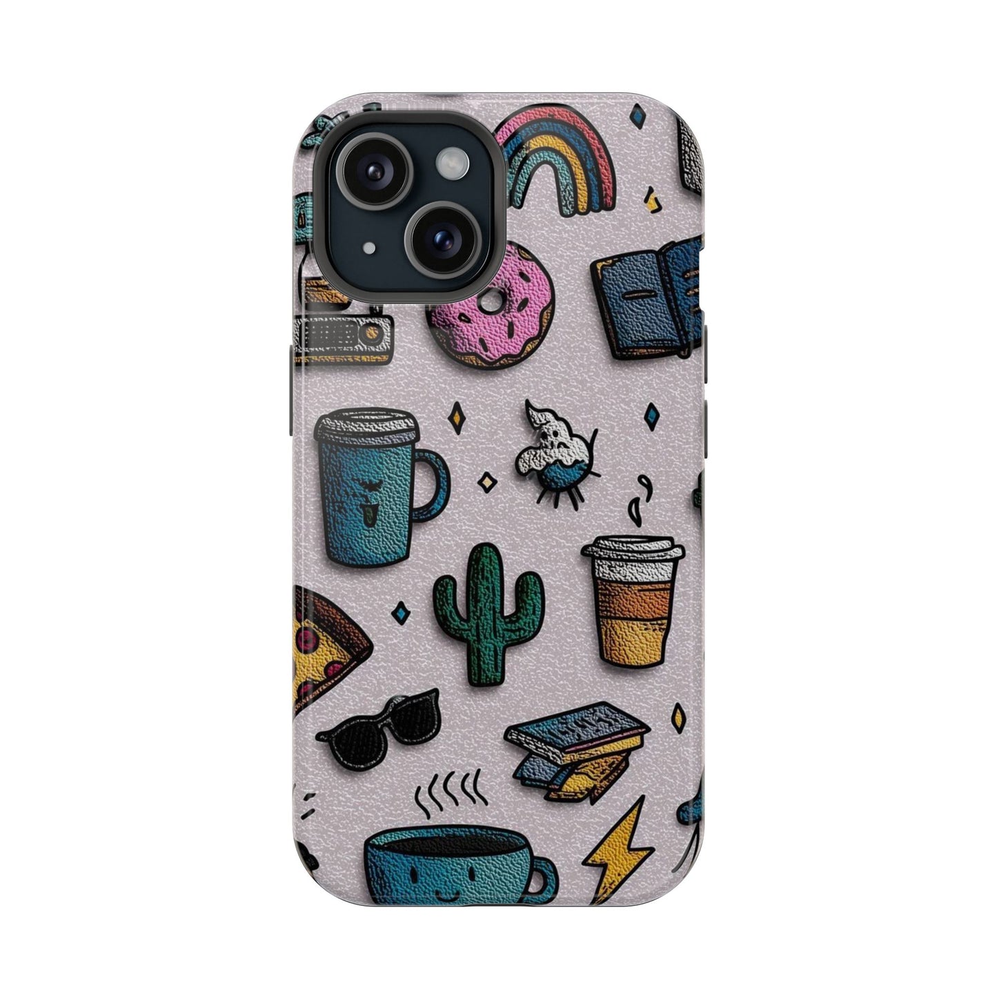 Cute Doodle Phone Case — Magnetic Impact-Resistant Design (coffee, rainbow, cactus)