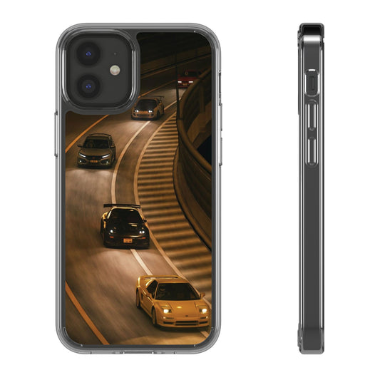 Racing Night Clear Phone Case – Sports Cars on Curved Highway
