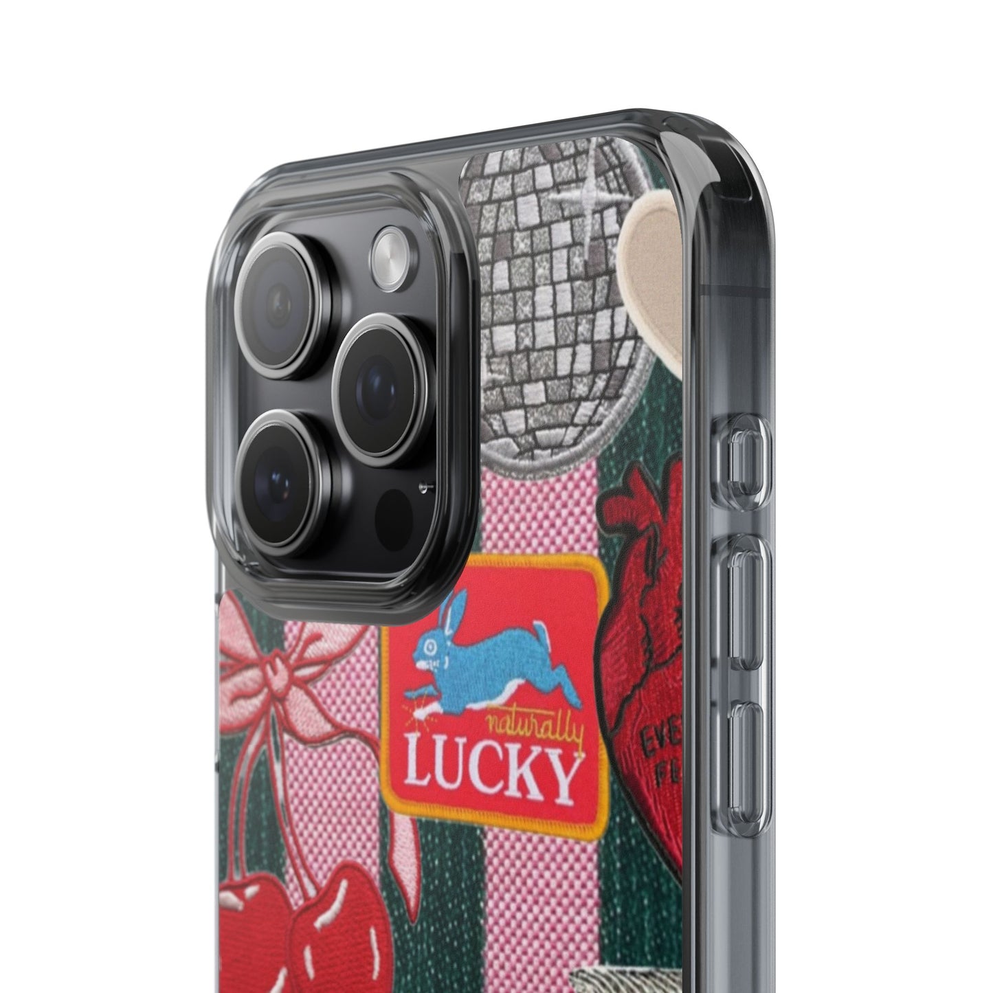 Clear Impact-Resistant Phone Case — Retro Patchwork Stickers (Lucky, Cherries, Silly Goose)