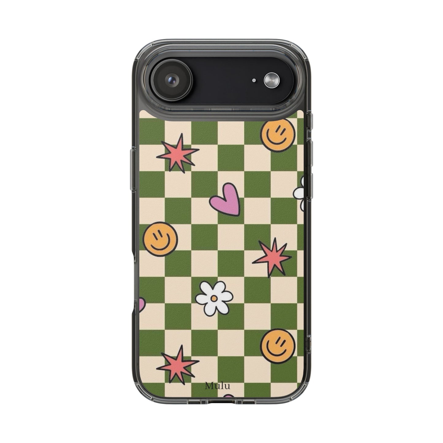 Clear Impact-Resistant Case — Retro Green Checkerboard with Smiley, Hearts & Flowers