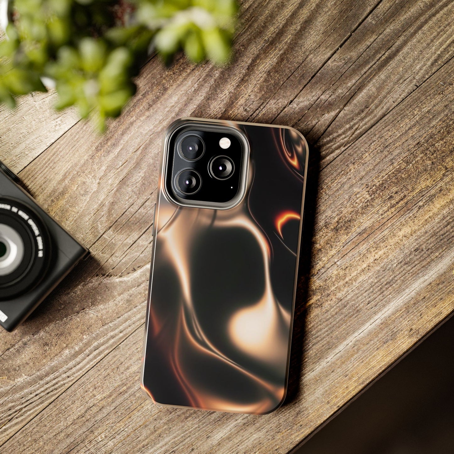 Abstract Liquid Glow Tough Phone Case — Black & Bronze Swirl Protective Cover