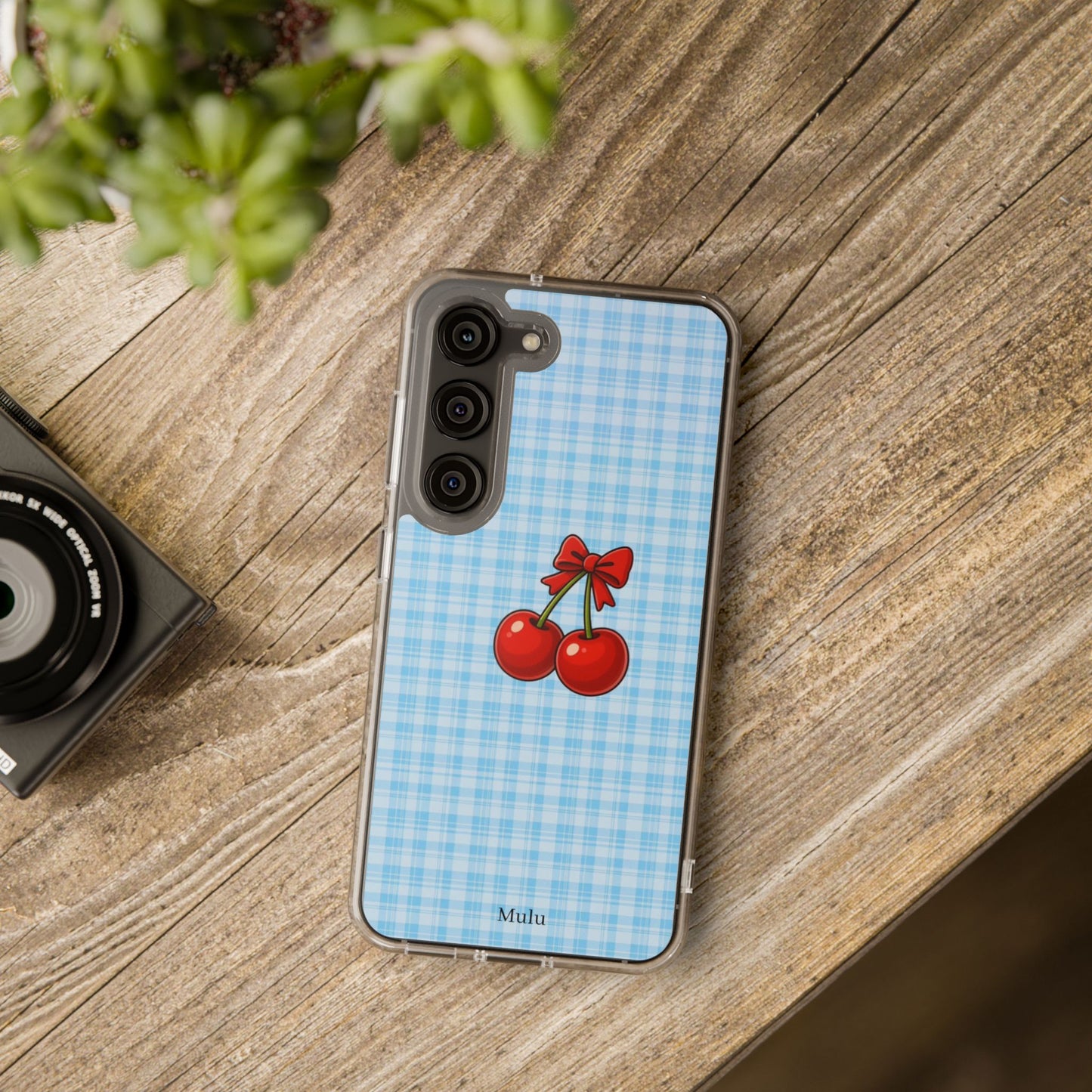 Clear Cherry Gingham Phone Case — Impact-Resistant Clear Case with Red Cherry Design