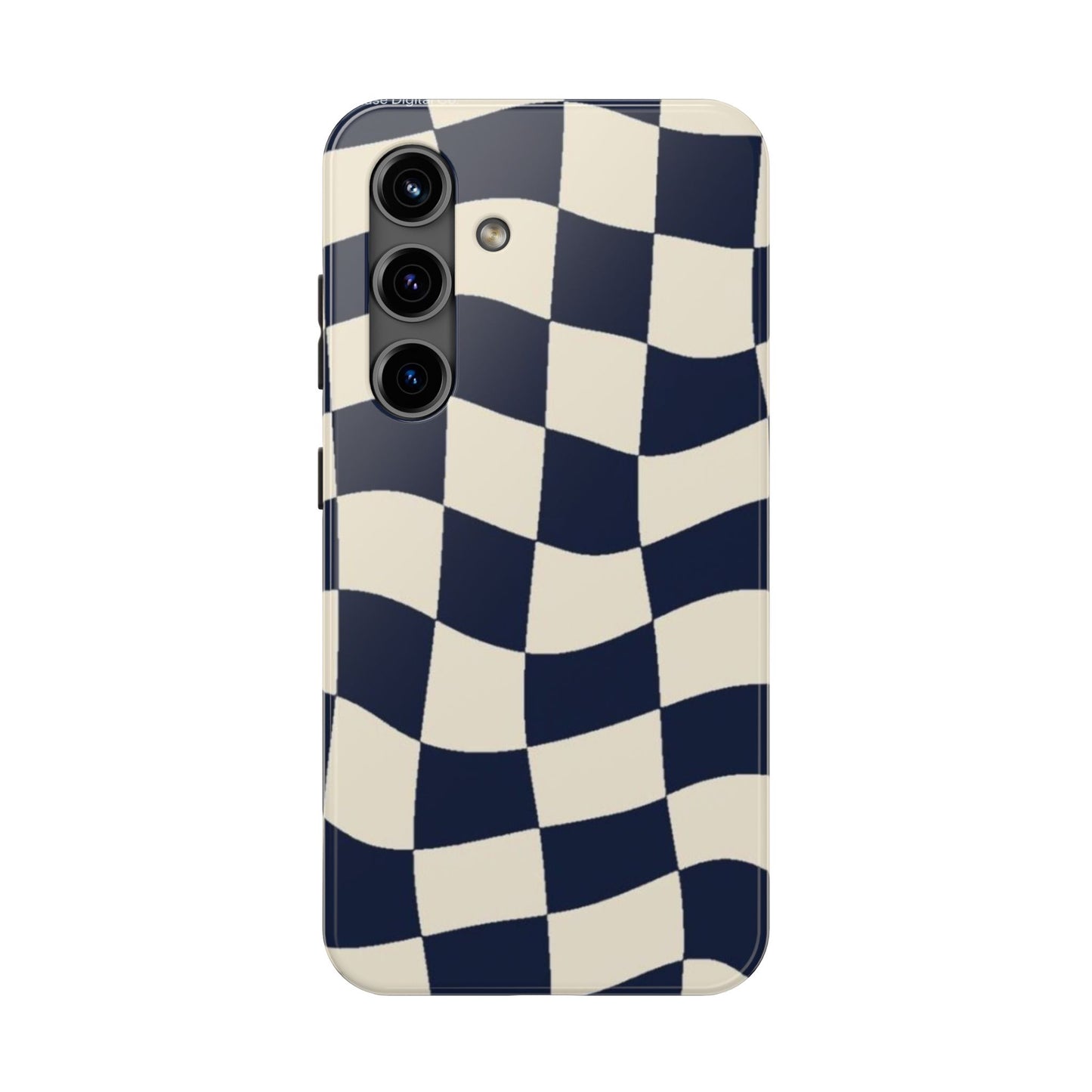 Wavy Checkerboard Tough Phone Case — Navy & Cream Protective Cover