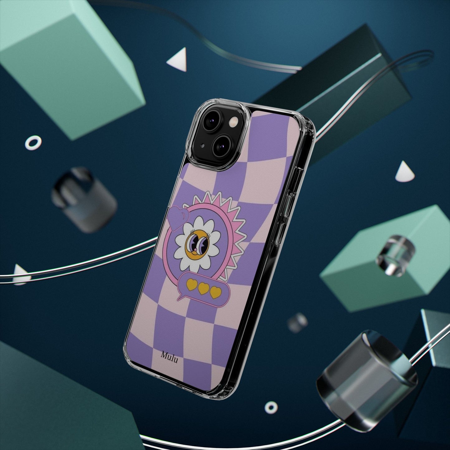 Clear Impact-Resistant Case — Cute Purple Checkerboard Dino with 'Mulu'