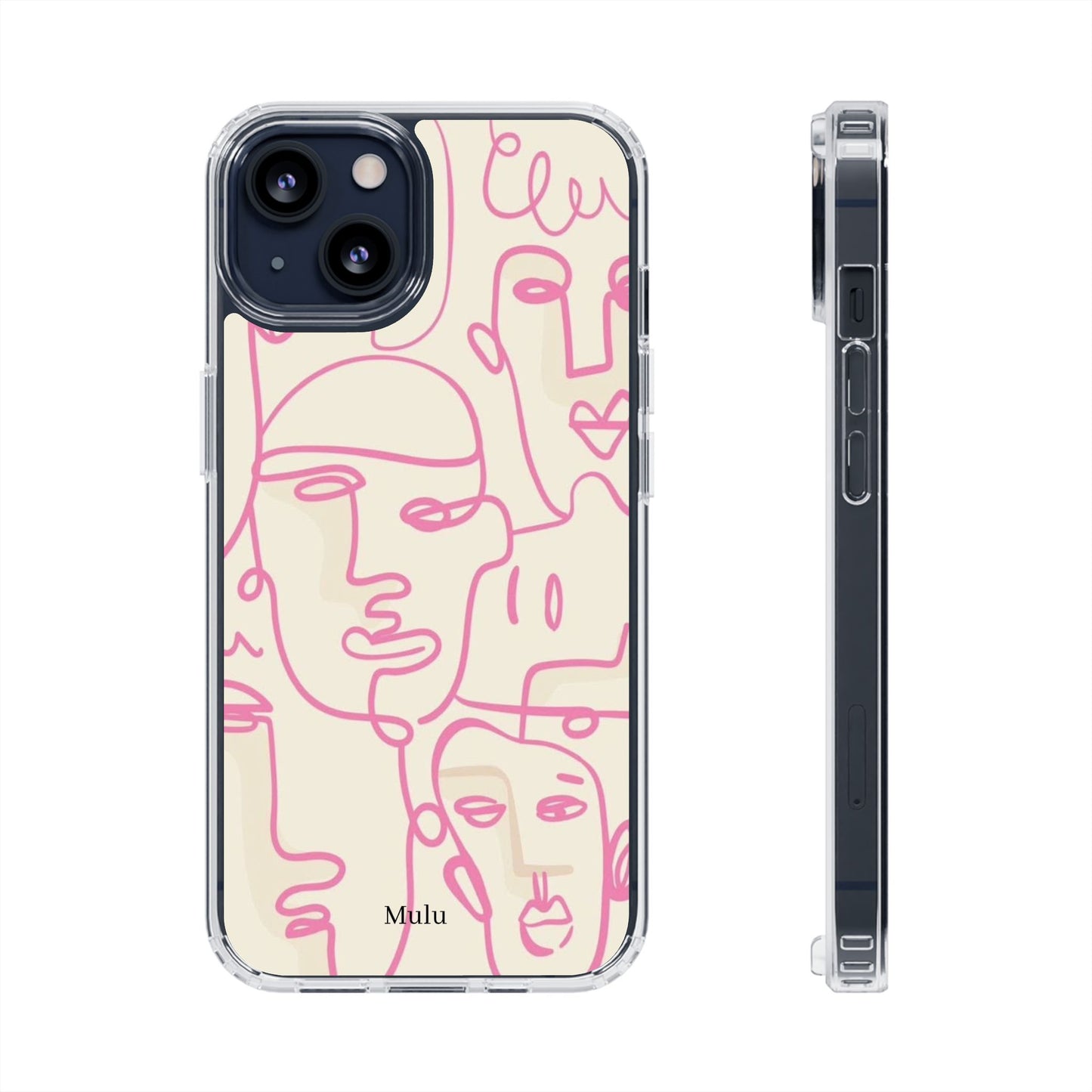 Clear Impact-Resistant Phone Case — Pink Minimalist Line Faces Design