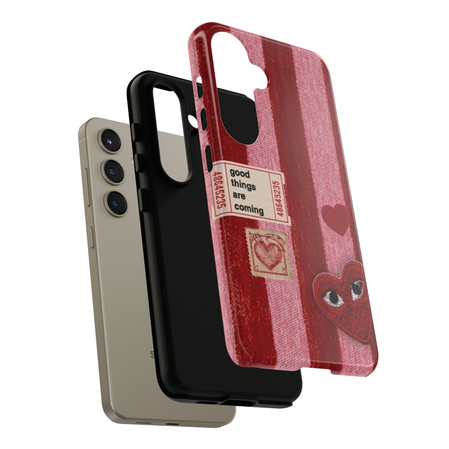 Phone Case — Red Striped Heart Design with “Good Things Are Coming”