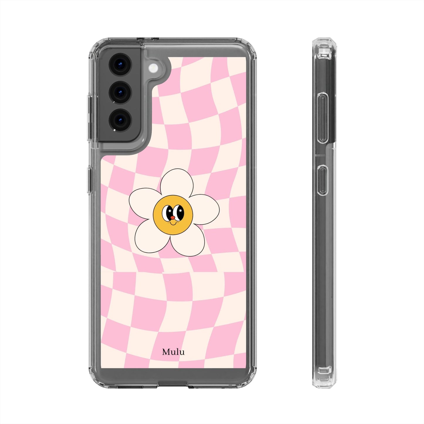 Clear Impact-Resistant Phone Case — Pink Checkerboard Daisy Design