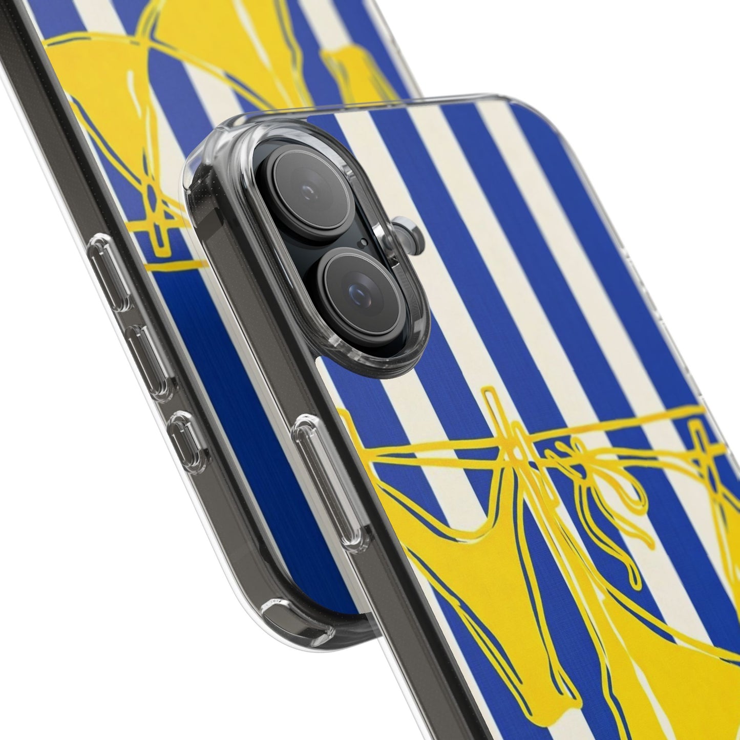 Striped Beach Bikini Phone Case — Yellow Swimwear on Blue & White Stripes, Clear Impact-Resistant
