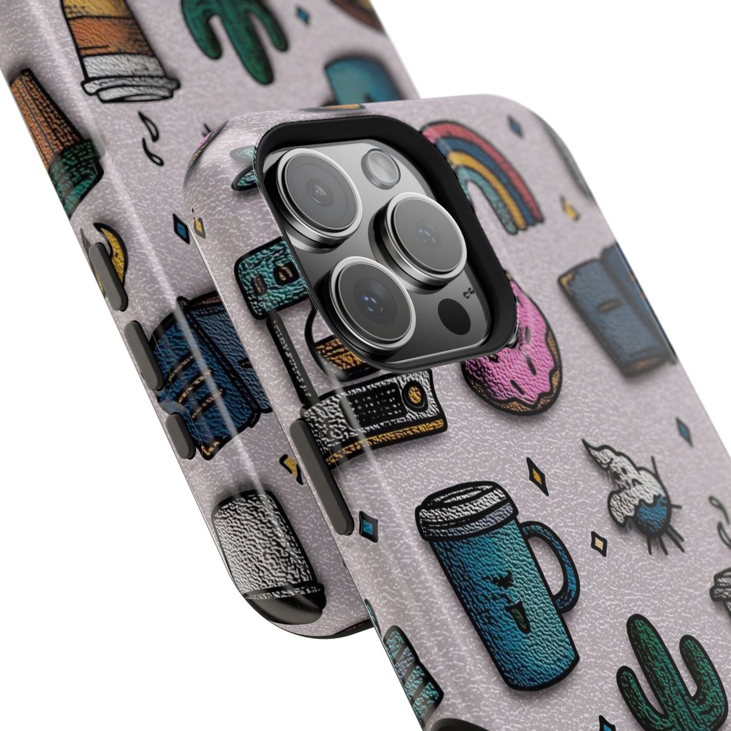 Cute Doodle Phone Case — Magnetic Impact-Resistant Design (coffee, rainbow, cactus)