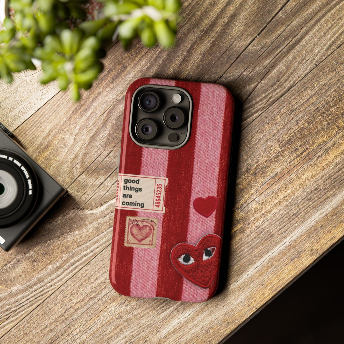 Phone Case — Red Striped Heart Design with “Good Things Are Coming”