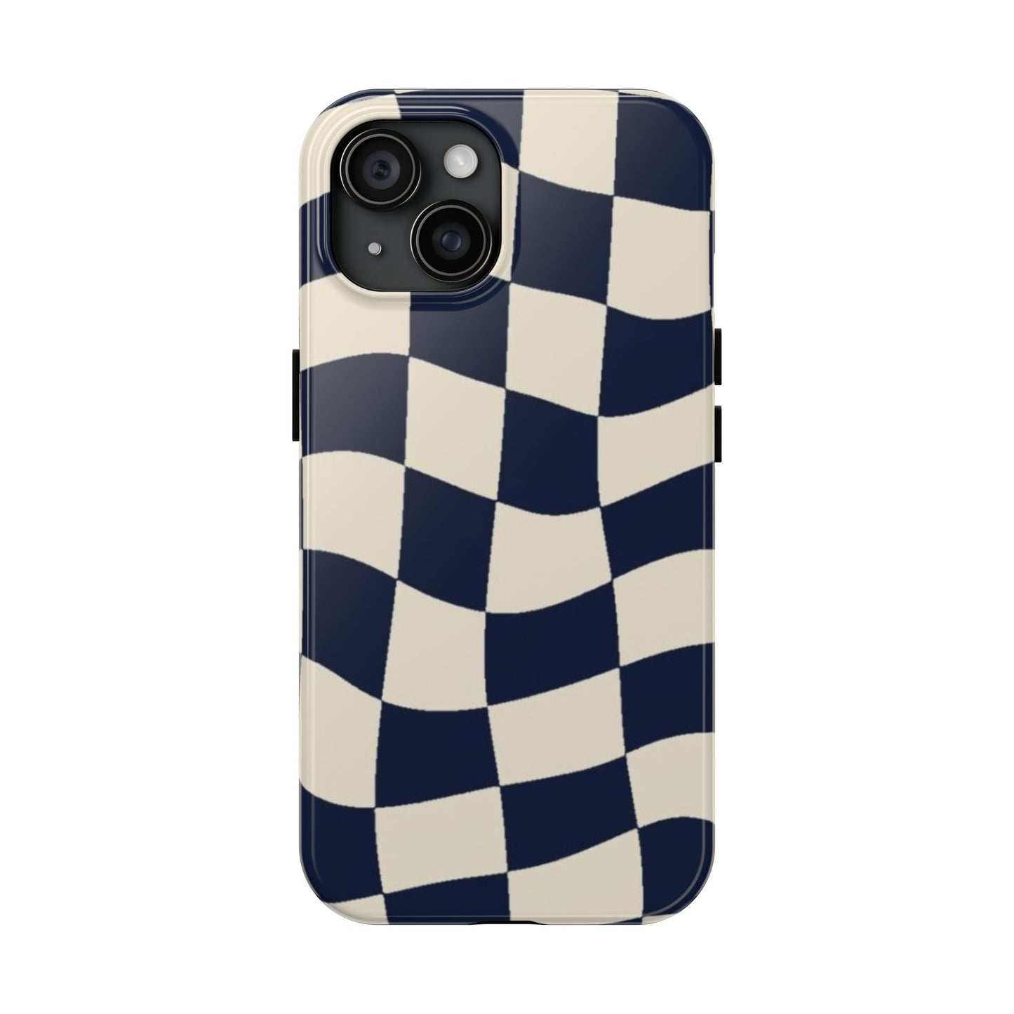 Wavy Checkerboard Tough Phone Case — Navy & Cream Protective Cover