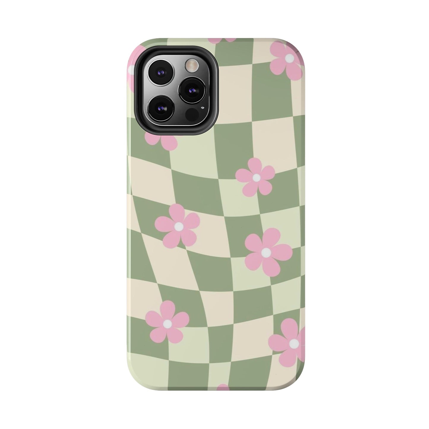 Tough Phone Case — Retro Green Checkerboard with Pink Flowers