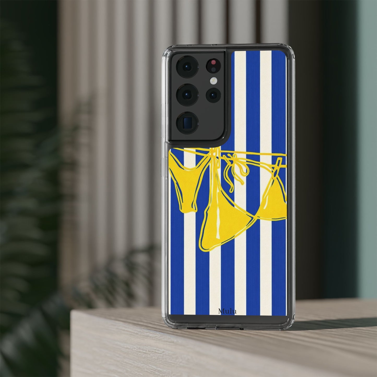 Striped Beach Bikini Phone Case — Yellow Swimwear on Blue & White Stripes, Clear Impact-Resistant