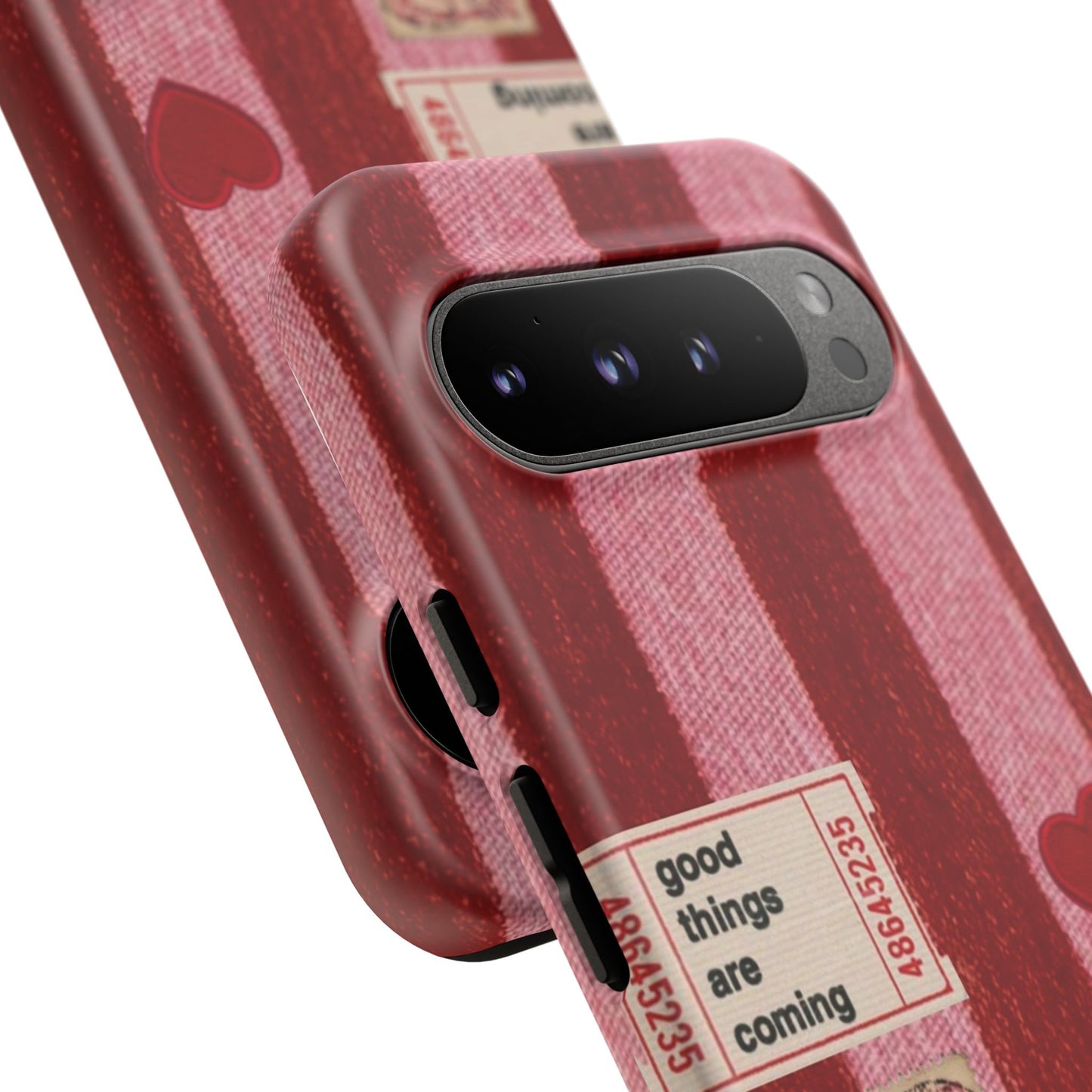 Phone Case — Red Striped Heart Design with “Good Things Are Coming”