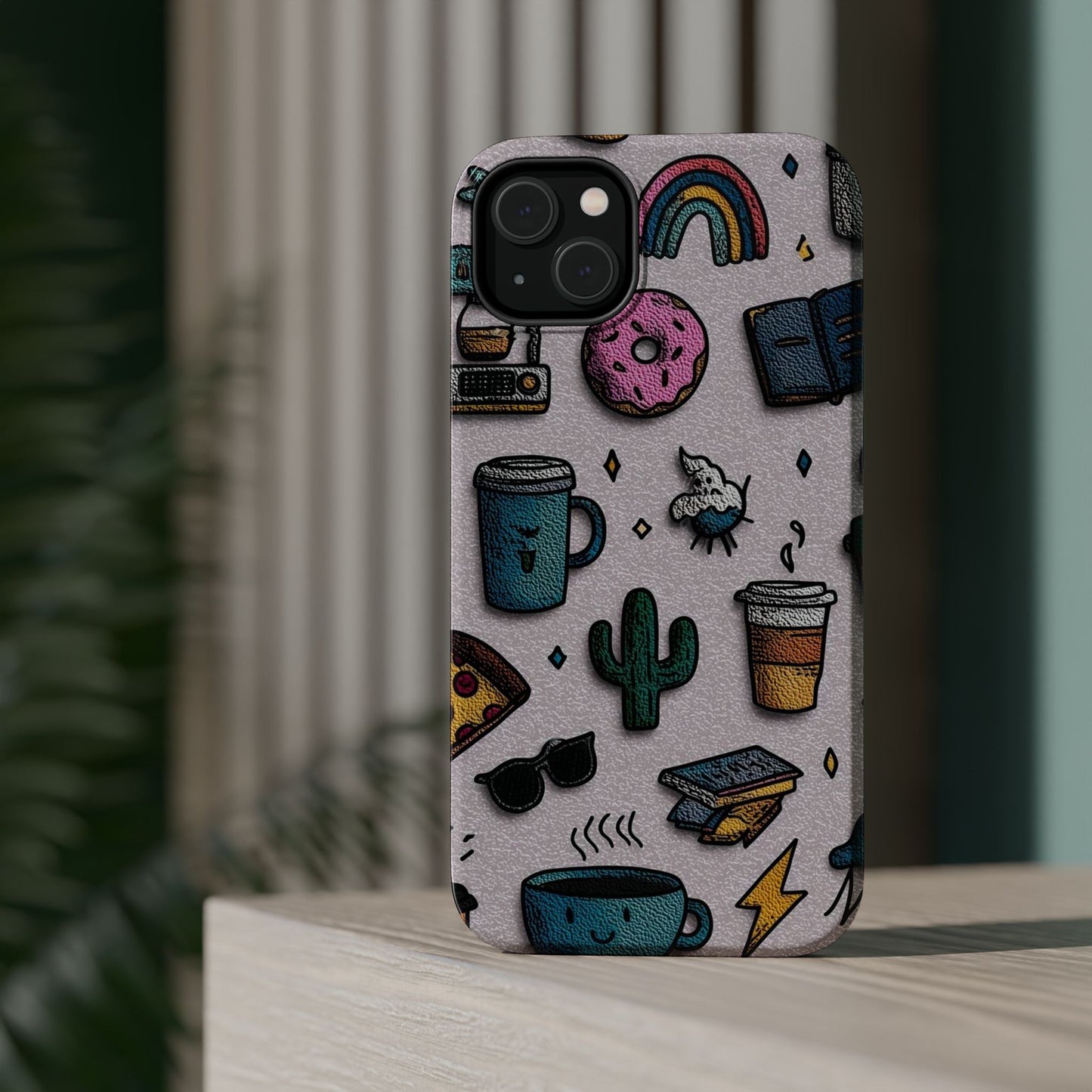 Cute Doodle Phone Case — Magnetic Impact-Resistant Design (coffee, rainbow, cactus)