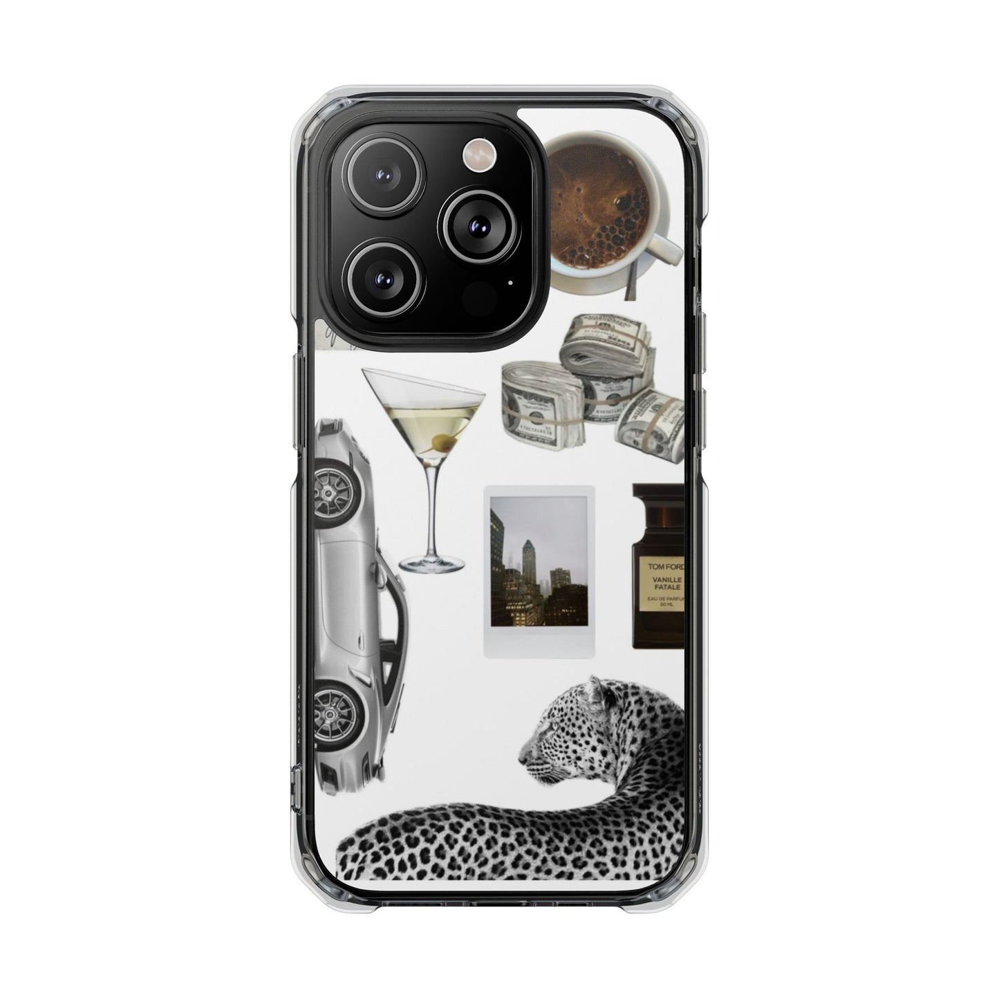 Clear Impact Phone Case — Luxe Collage (Leopard, Martini, Coffee & Vintage Car)