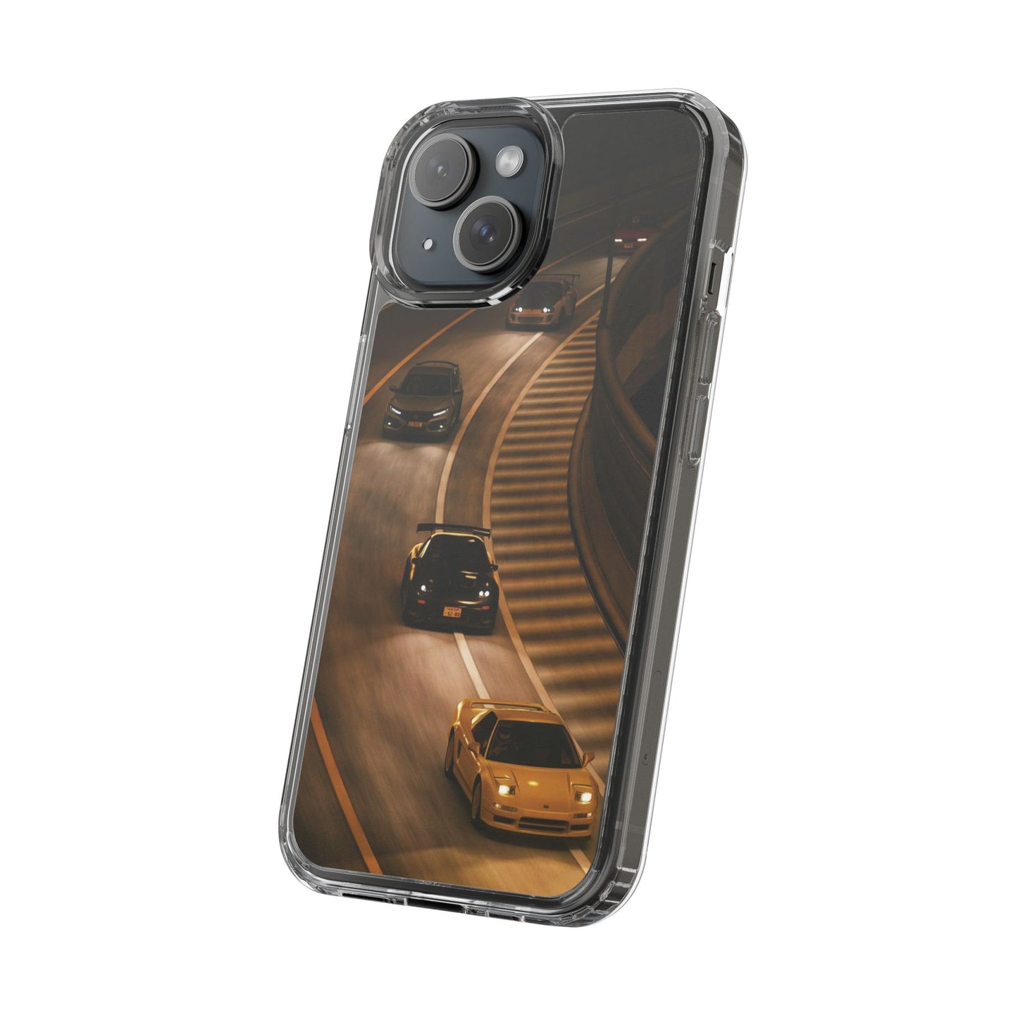 Racing Night Clear Phone Case – Sports Cars on Curved Highway