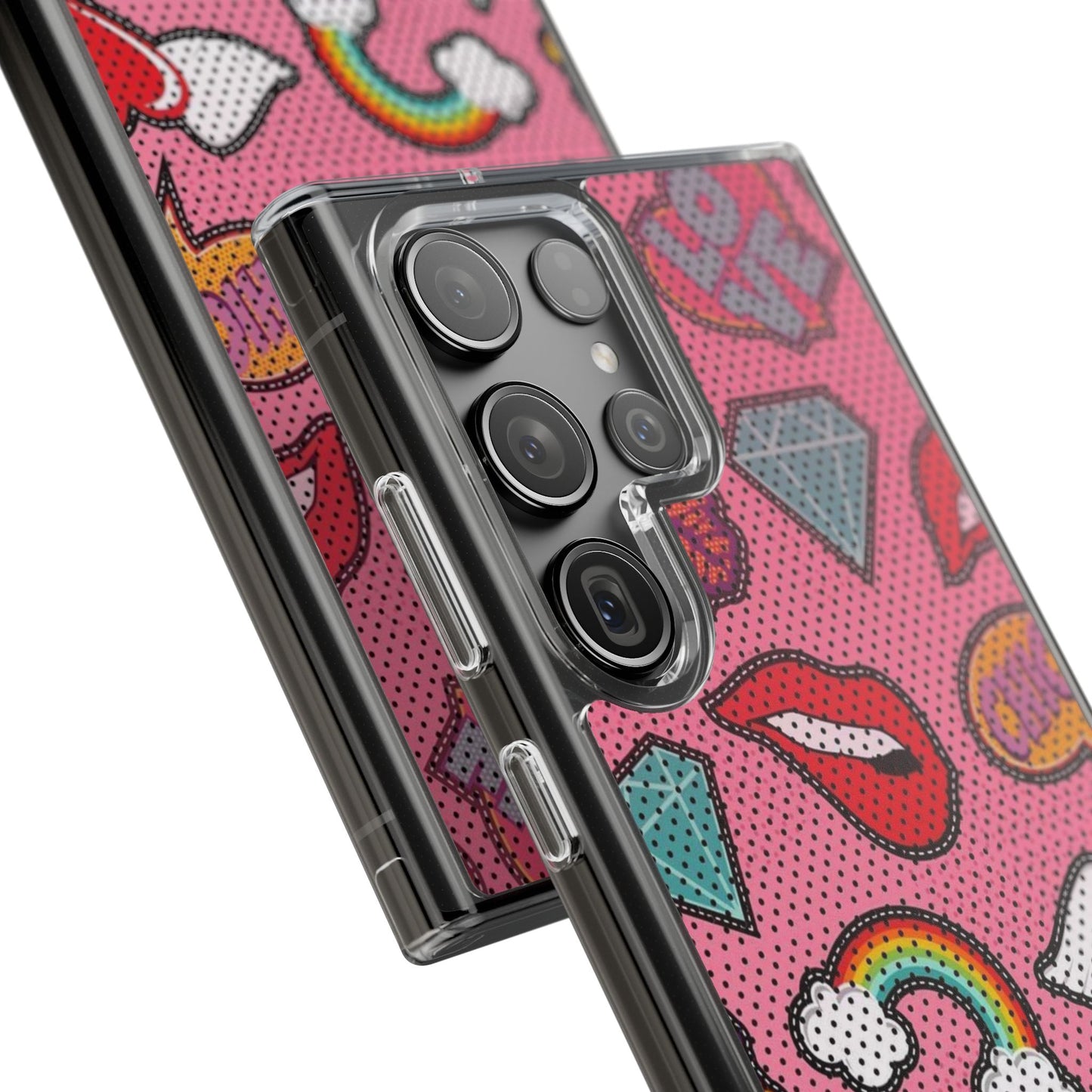Clear Impact-Resistant Phone Case — Pink Pop Sticker Pattern (Hearts, Rainbows, Smileys)