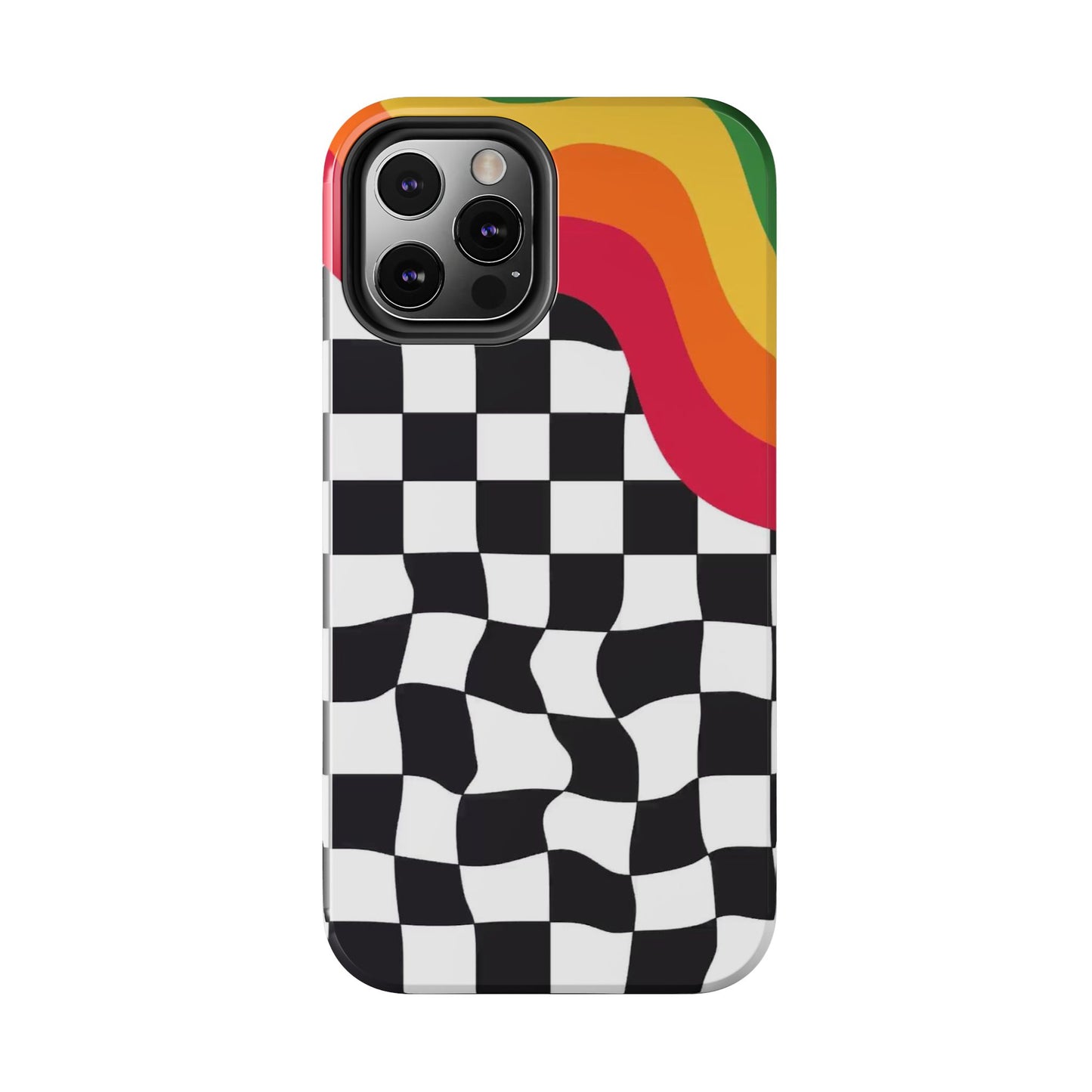 Retro Wavy Checkerboard Tough Phone Case — Rainbow Surf Skate Design