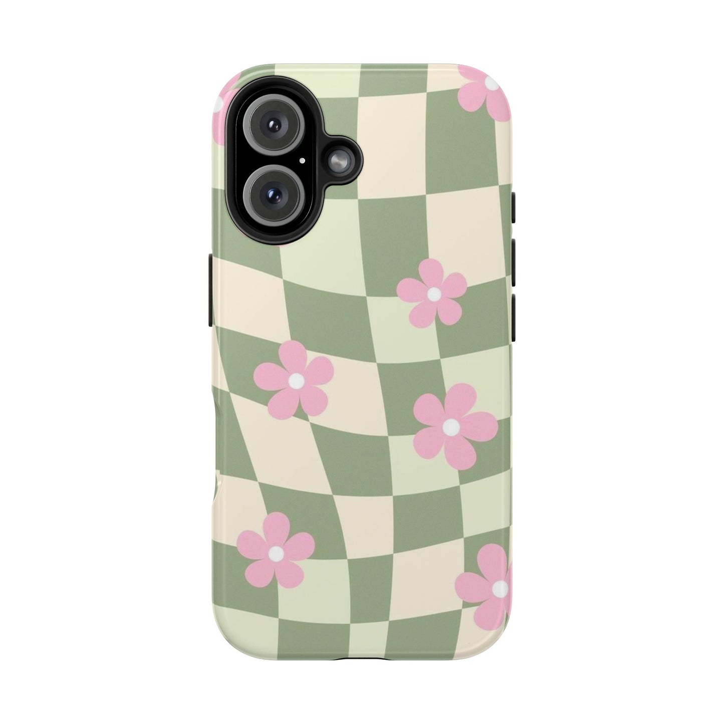 Tough Phone Case — Retro Green Checkerboard with Pink Flowers