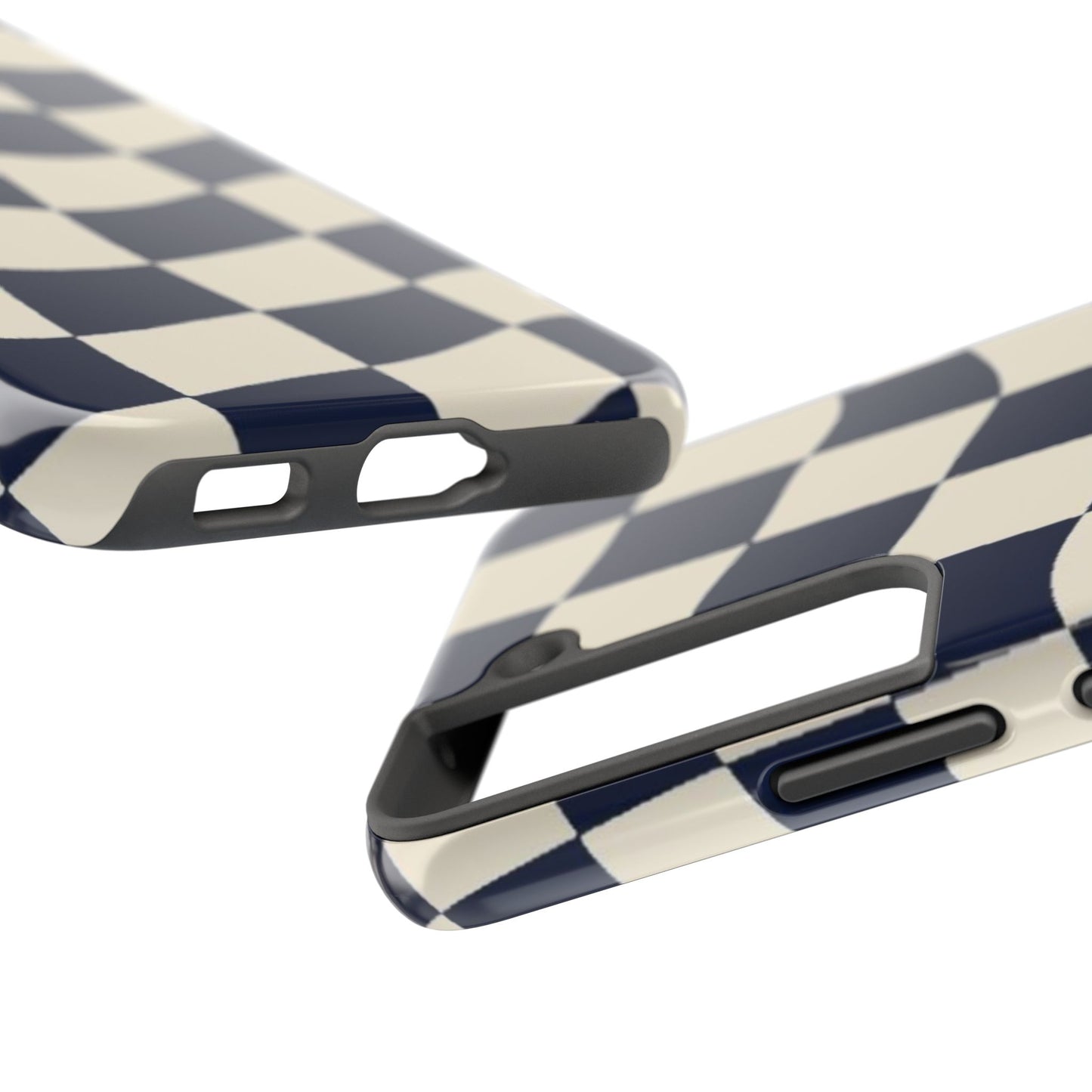 Wavy Checkerboard Tough Phone Case — Navy & Cream Protective Cover